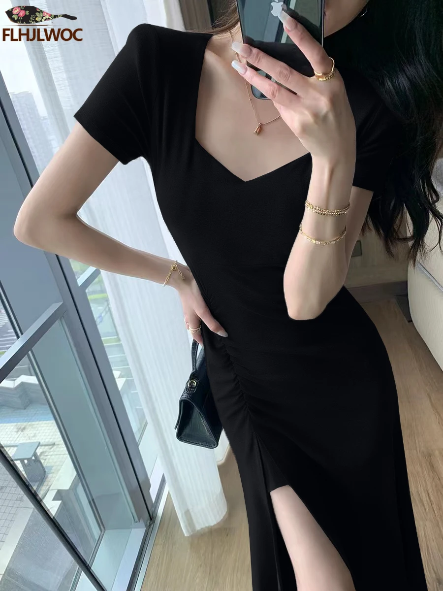 Holiday Long Split Women Korea Japan Preppy Style Casual Short Sleeve Draped Solid Black Cotton Blends T-Shirt Dress