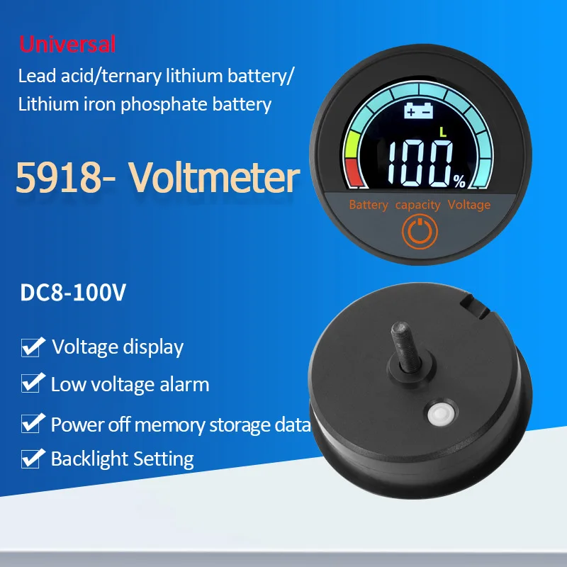 Digital Round Battery Voltmeter DC 8V-100V Capacity Indicator Power Meter Lithium LiFePO4 Lead-acid Cell 12V 24V 48V 60V 72V 84V