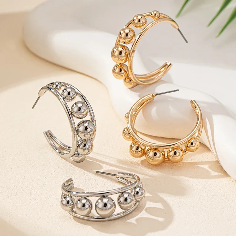 New Design Gold-plated Metal Beads C-shaped Earrings for Women Party Smooth Popular Female Hoop Earrings jewelry