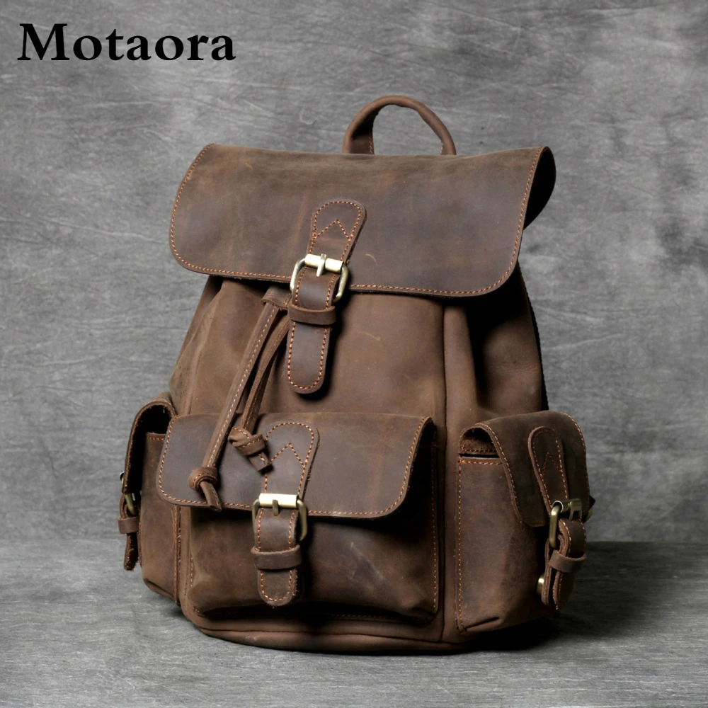 MOTAORA Women\'s Backpack Crazy Horse Cowhide Bags For Women Handmade Genuine Leather Backpacks For 11\