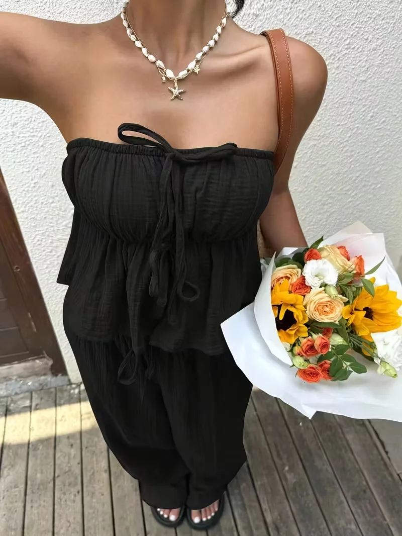 2ピースセットの女性用衣装、新しい女性用カジュアルツーピース、レースアップトップとパンツ