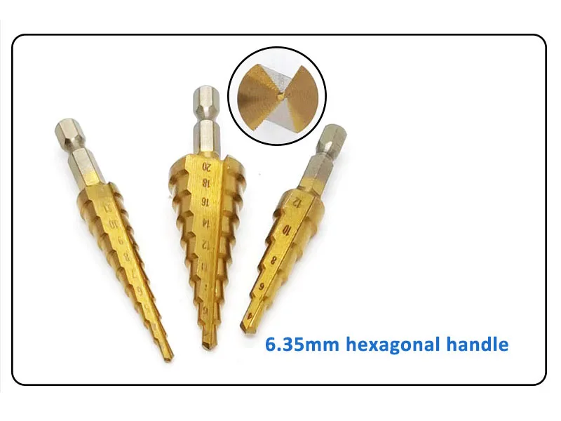 1Set shank straight groove Pagoda Step Hexagonal Titanium Drilling Power Tools Metal Wood Hole Cutter Cone Drill Bit4-12/20/32mm