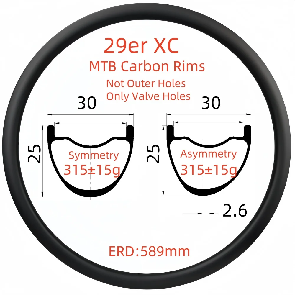 29er Not Outer Holes Only Valve Holes 25mm Depth 30mm Wide Super Light XC MTB Carbon Rims UD Hookless/Tubeless Carbon Rims