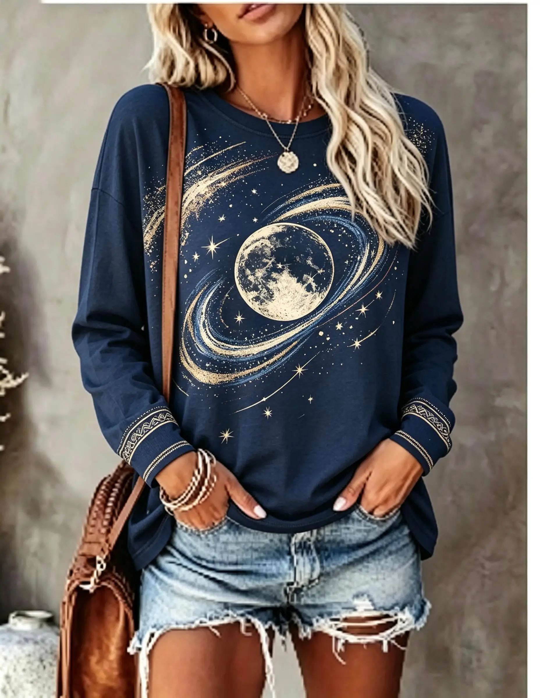 Women Long Sleeve T‑Shirt Boho Cosmic Planet Moon Star Galaxy Print Crew Neck Casual Loose Tops