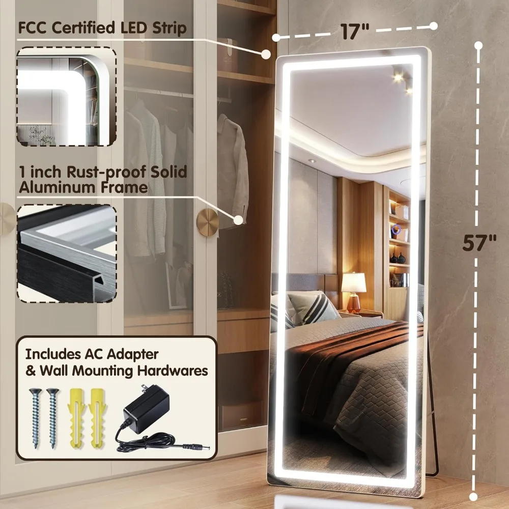 LED Full Length Mirror, montado na parede, pendurado com luzes, regulável e 3 cores de iluminação, free standing iluminado piso espelho