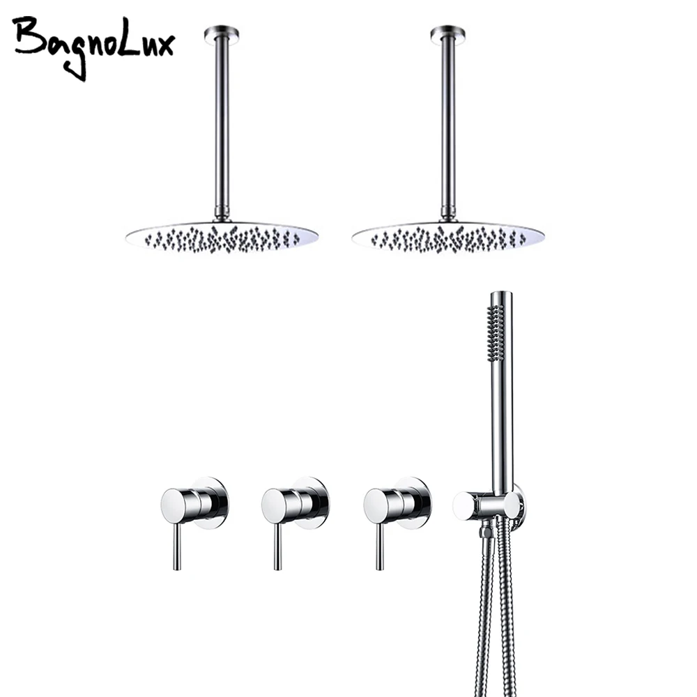 

Shower Faucet Double Ceiling Arm Hot And Cold Shower Mixer 3 Ceramic Cartridges Bathroom Tap Double 8-16 Inch & Hand Shower Tap