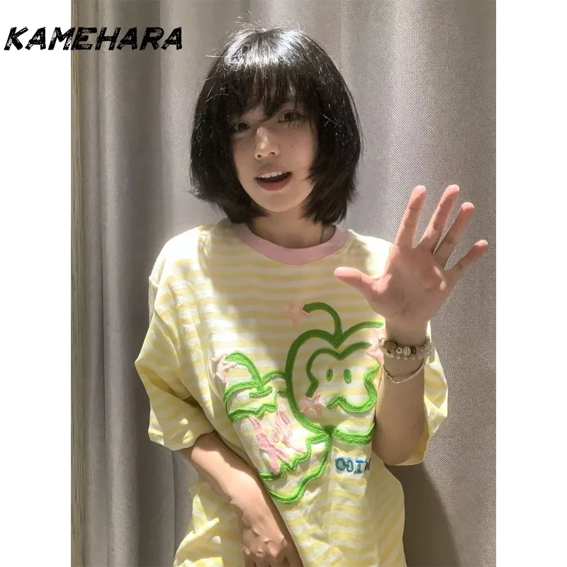 

KAMEHARA Chic Embroidery Tees Women Korean Style Striped Short Sleeved T-shirts Summer Y2k Clothes Gentle O Neck Tops 민소매 티 여성