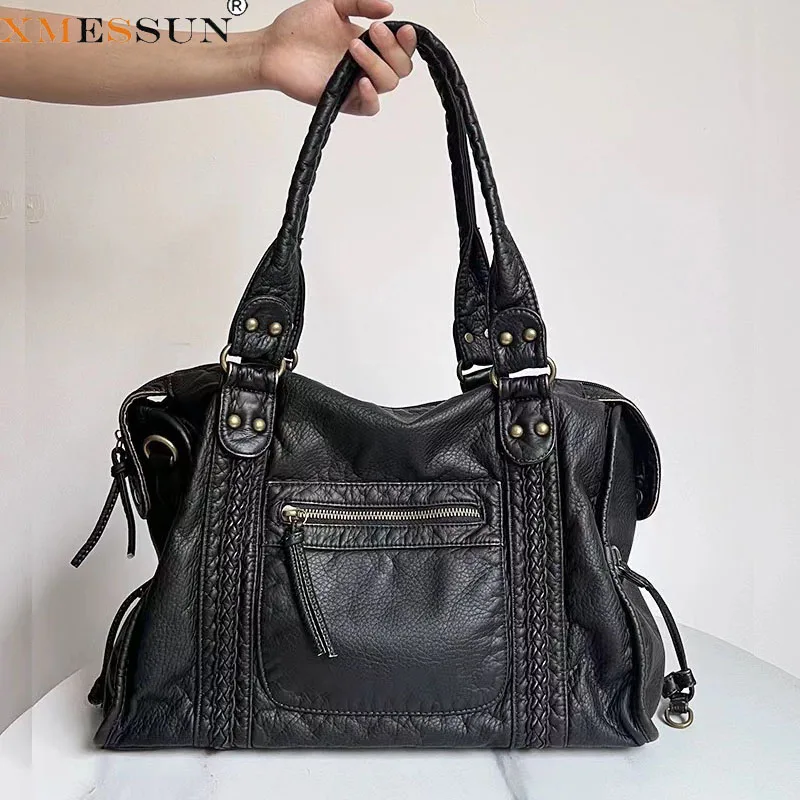 XMESSUN New Trendy Vintage Washed Leather Motorcycle Bag for Women,Fashion Designer Casual Large Capacity Shoulder Crossbody Bag