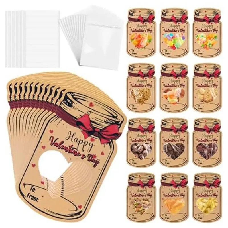 A29F-60PCS Kraft Paper Candy Jar Valentine Cards, Valentine's Day Candy Holder Card Jar Happy Valentine's Day Exchange Cards
