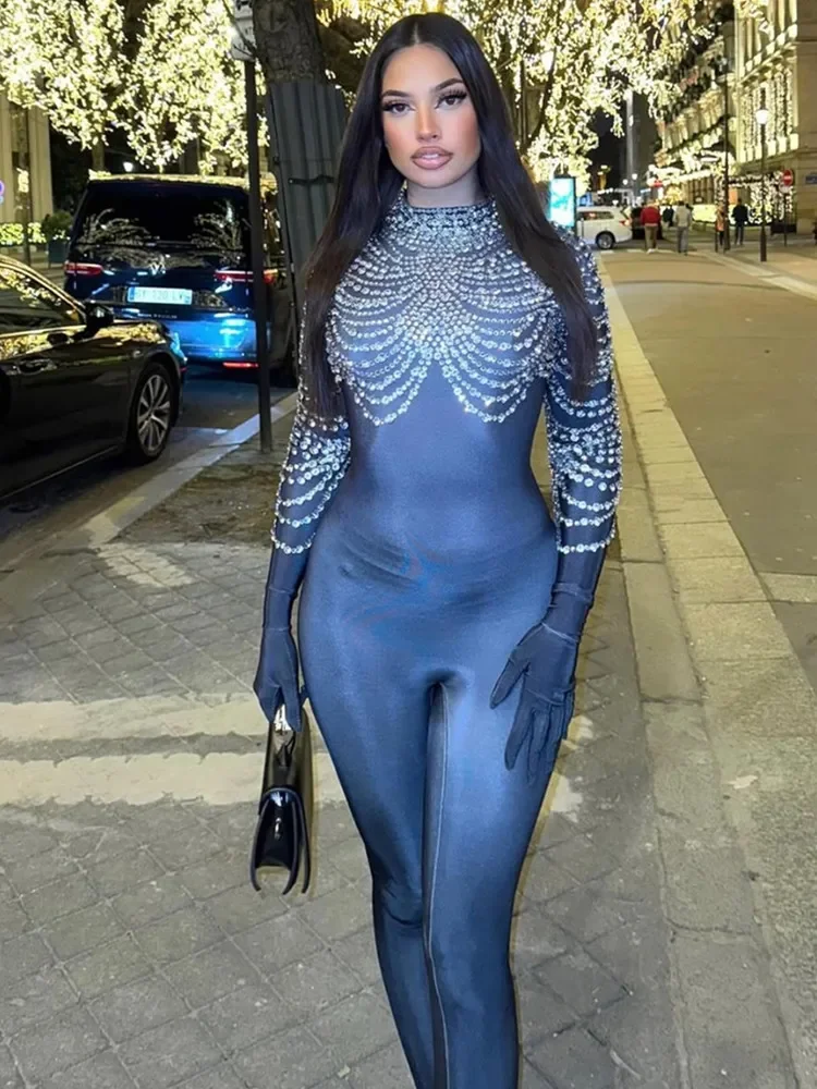 

2025 женский сексуальный комбинезон знаменитостей с длинными рукавами и кристаллами и бриллиантами, костюм для дня рождения, бара, ночного клуба, сценические комбинезоны