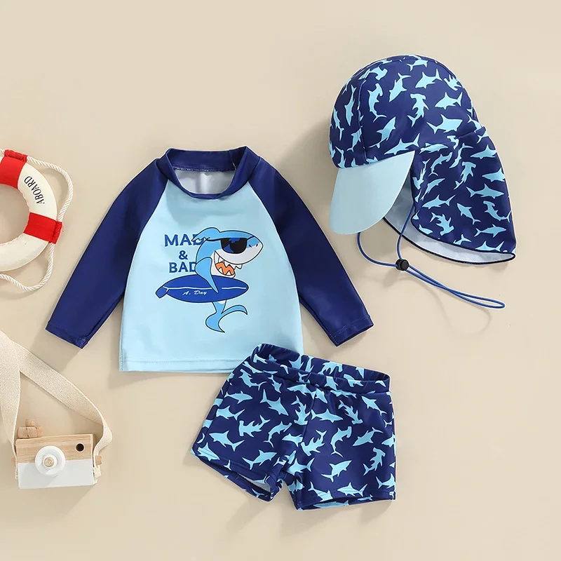 Maillot de bain pour bébés garçons, ensemble de protection contre les éruptions cutanées UPF 50 +, manches courtes, imprimé requin bleu dauphin, haut + Short + chapeau, maillot de bain