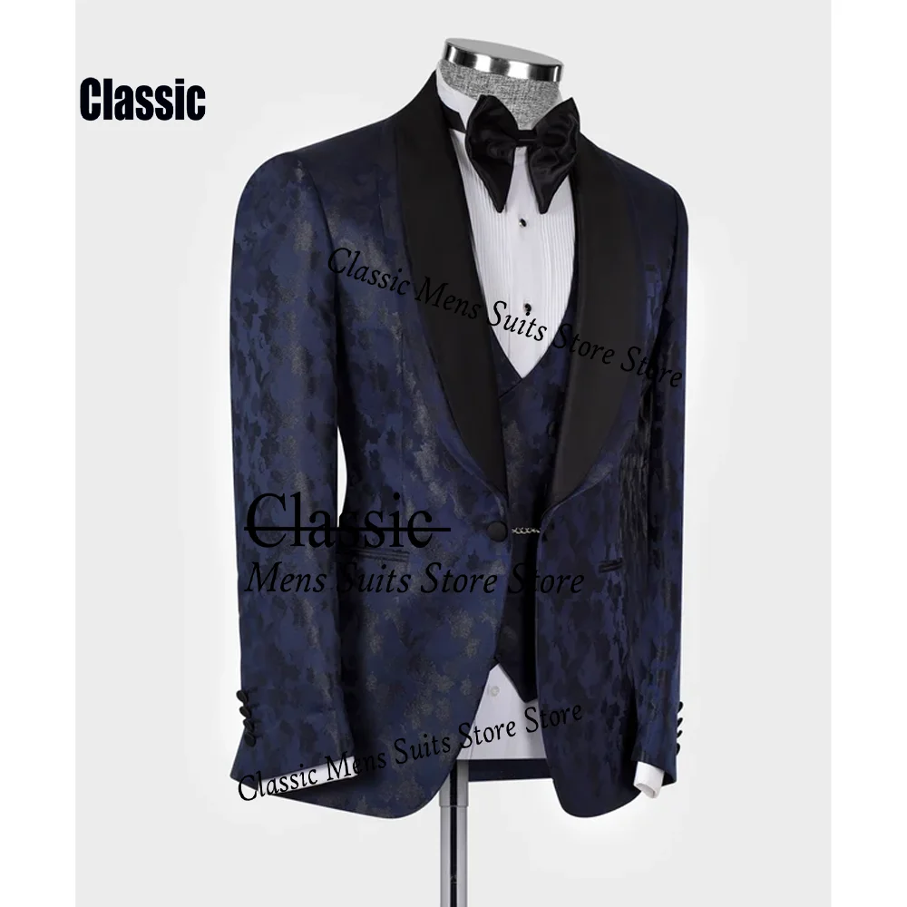 Graceful Embroidery Men Suit Customized Formal Jacquard Jewelry Evening Tuxedo Slim Simple hombre 3 Pieces Set Groom Male Blazer