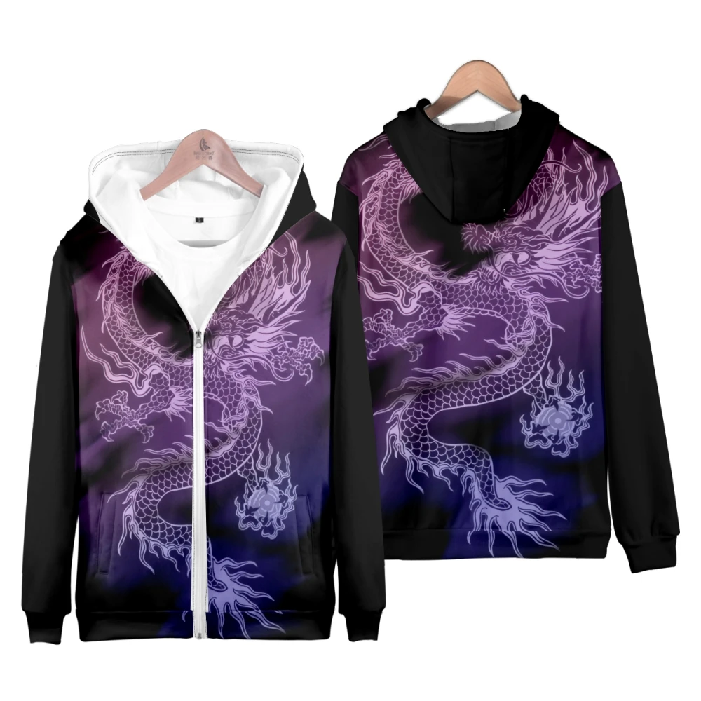 Japanese White Dragon Print Hoodie Women Men Zipper Sweatshirt with Cherry Blossom Floral Y2K Tops Streetwear
