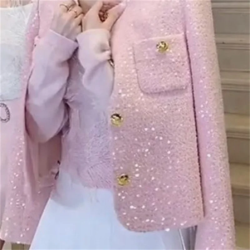 New Women's Coat 2026 Spring Autumn Winter Jacket Beautiful Woven Fine Sparkling Small Fragrant Round Neck Versatile Outerwear