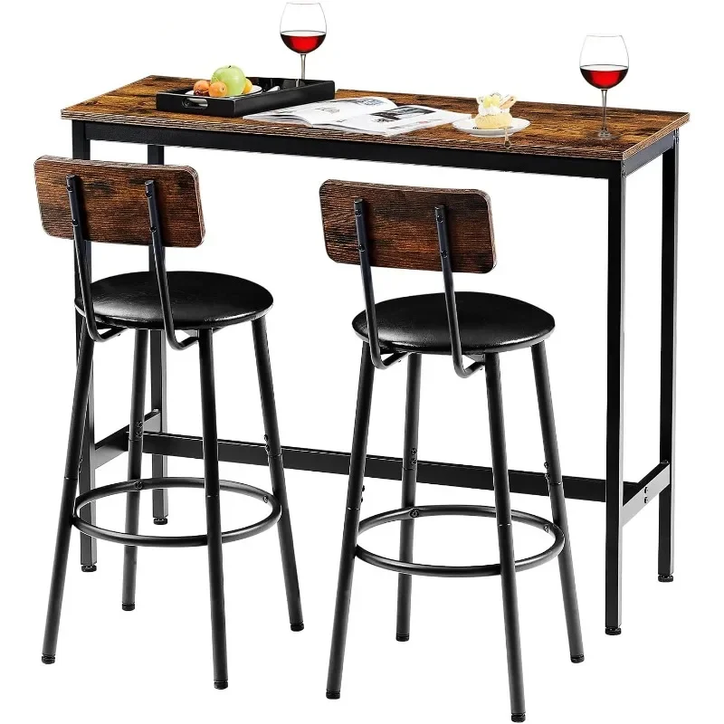 Bar Table and 2 Chairs Set, Industrial Style Bar Stools PU Upholstery Seat with Backrest, 3 Pieces Pub Dining Table Set