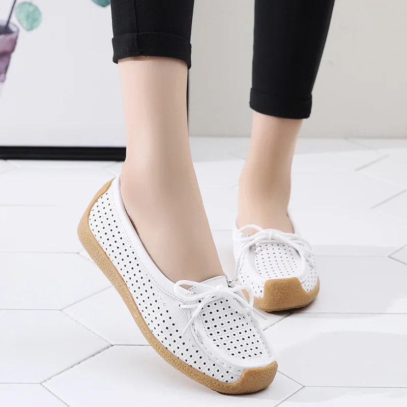 Women Flats Summer Women Genuine Leather Shoes With Low Heels Slip On Casual Flat Shoes Women Loafers Soft Nurse Ballerina Shoes