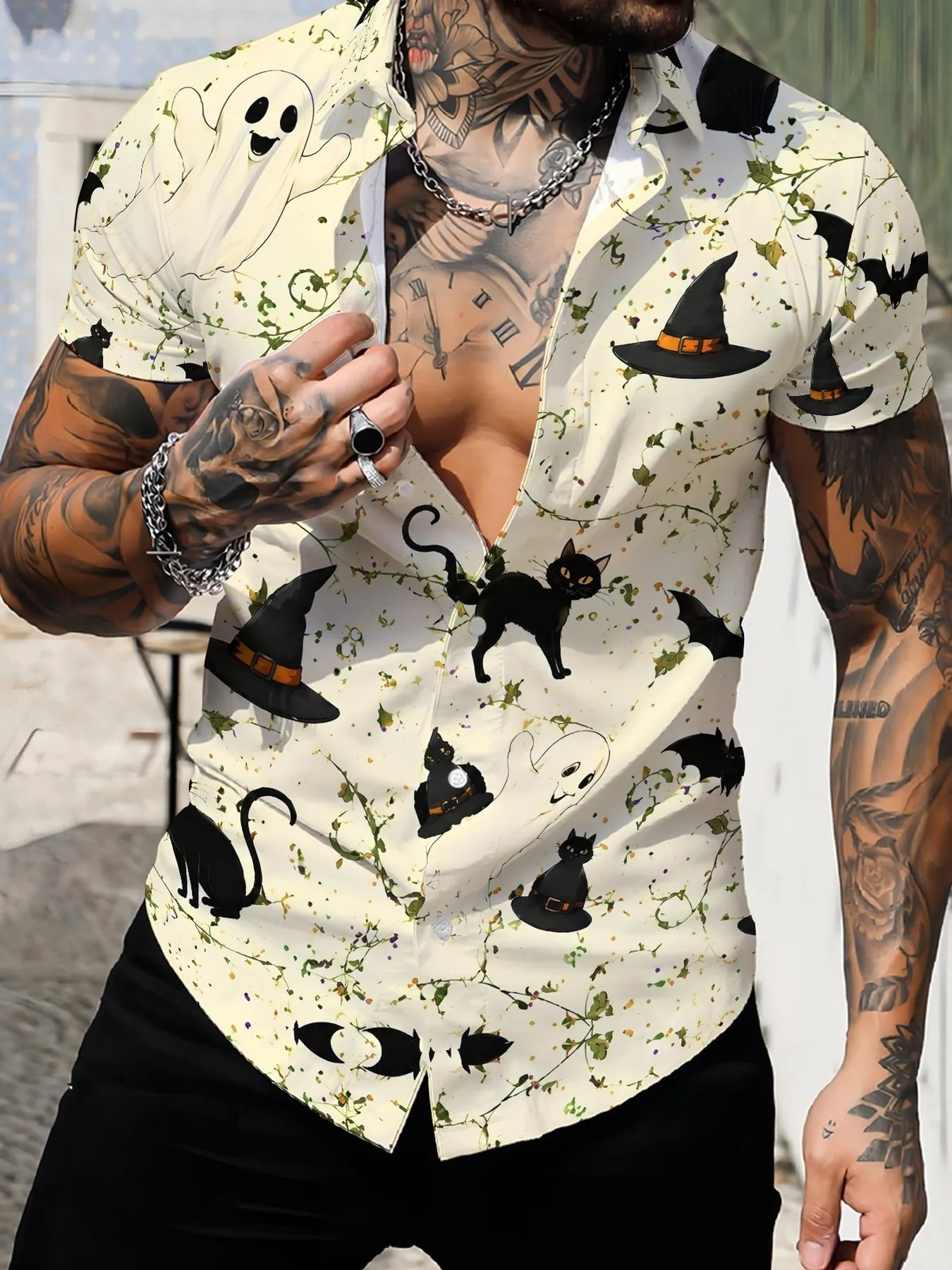 Vintage Halloween Cat Witch Hat Bat Pattern Unisex Short Sleeve Blouse Camp Collar Loose Holiday Novelty Vacation Shirt