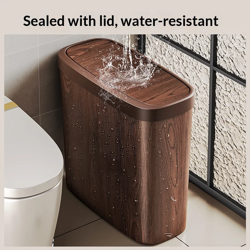 Retro Wood Grain Trash Can Household with Lid Deodorant Coffee Table Tea Room Living Room Kitchen Bathroom Small Paper Basket