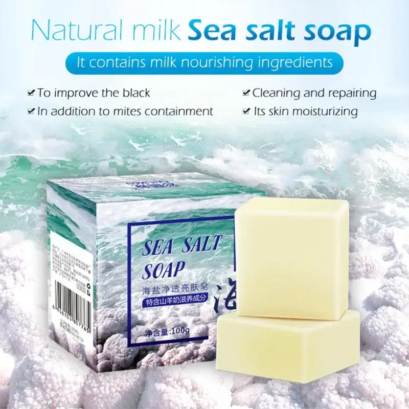 Sdatter 80/100g Sea Salt Soap Mite Removal Handmade Soap Moisturizing Goat Milk Face Wash Soap Deep Cleansing Acne Treatment Sul