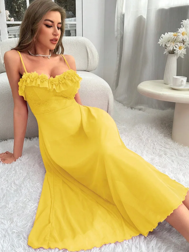 2025 nuevo vestido largo con tirantes divertidos para el hogar con encaje de Color sólido elegante vestido largo informal de Color sólido con correas vestido sin mangas DP4M