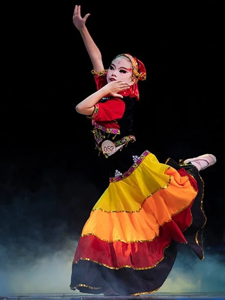 

Детский национальный костюм для танцевальных выступлений, этническая одежда для девочек, Юньнань, Сычуань, Лянган, Фестиваль фонарей в июле