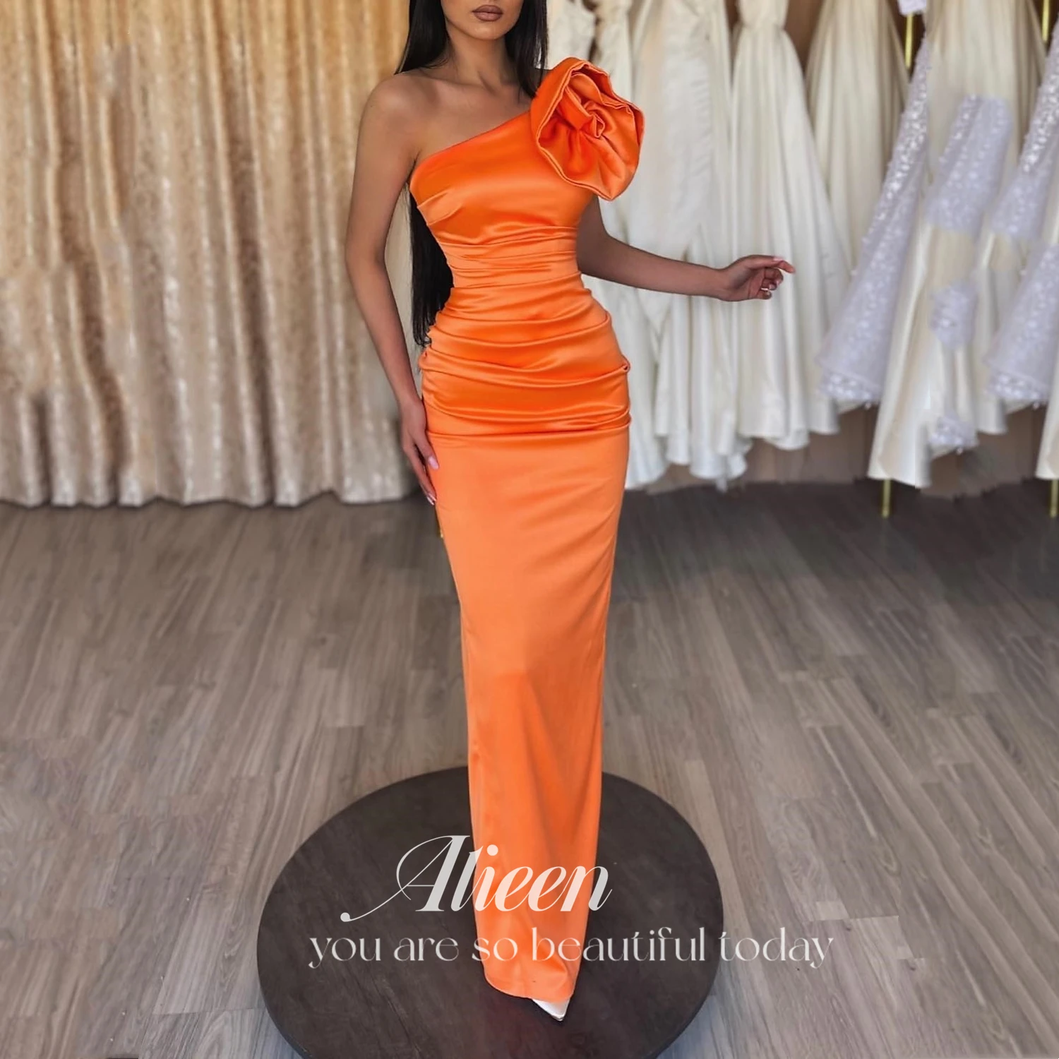 

Aileen Orange Satin Long Prom Dresses One Shoulder Pleats Flowers Arabic Women Evening Gowns Formal Party Dress Graduation Gala