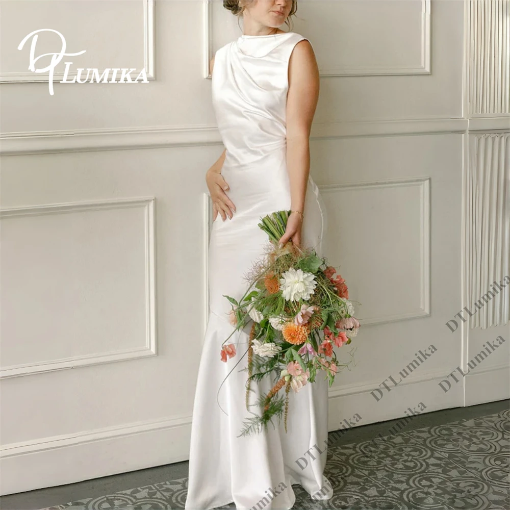 

DTLumika Satin Wedding Reception Dress for Women, Sleeveless Long Sheath Chic Bride Dress, Destination Wedding Bridal Gown