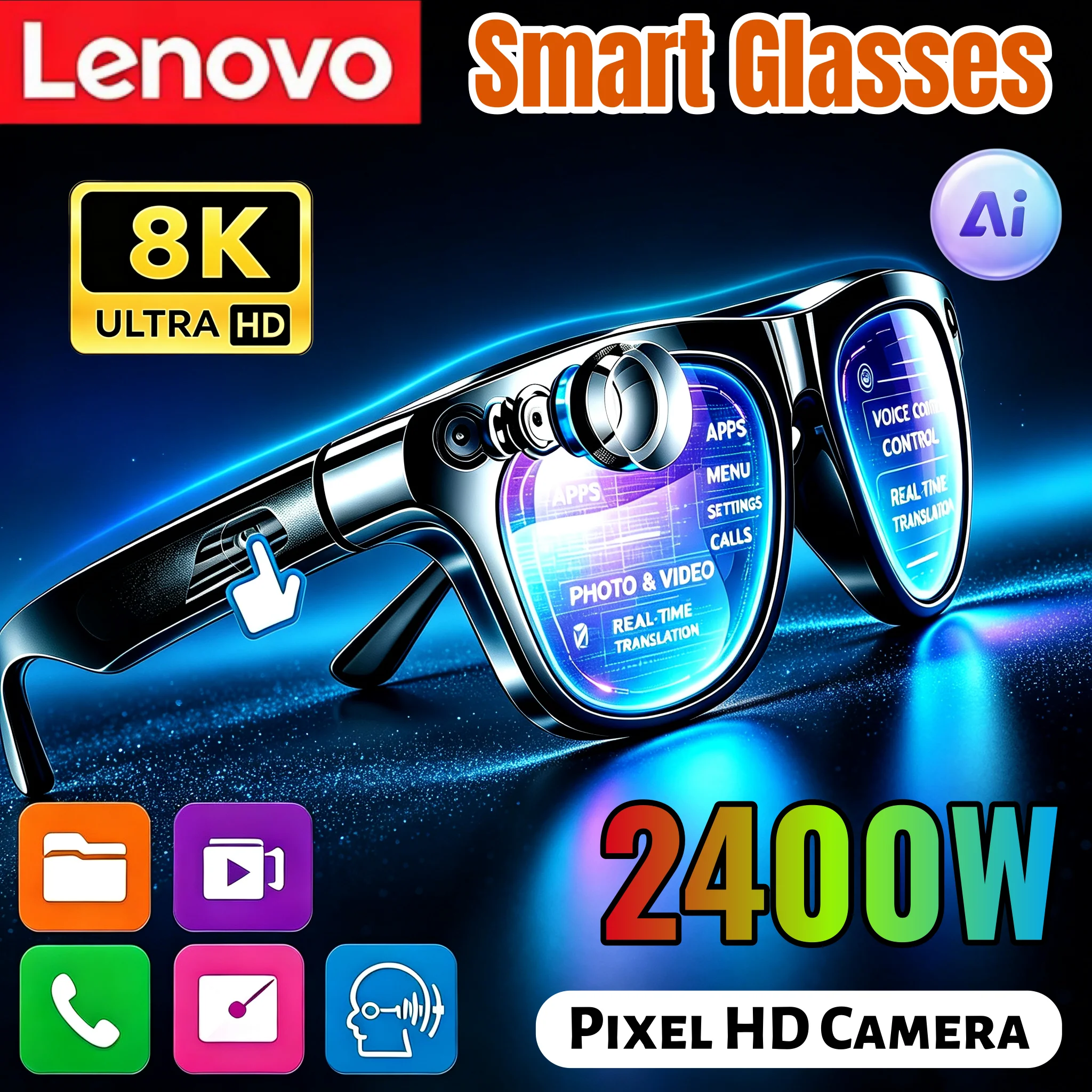 레노버 스마트 안경 AI 번역 8MP HD 카메라 8K 촬영 이미지 블루투스 통화 비디오 녹화 음악 스마트 오토바이 안경