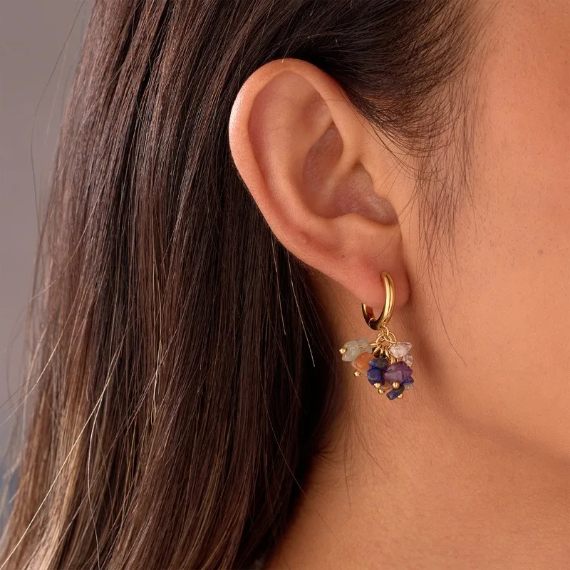 Colorful Raw Stone Hoop Earrings Gold Huggie Natural Crystal Cluster Charm Boho Healing Jewelry Gift For Women