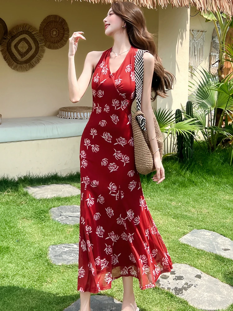 2025 nuevo vestido largo rosa de malla Floral elegante con cuello montado, vestido elegante de verano estilo playero con volantes, vestido de fiesta para mujer