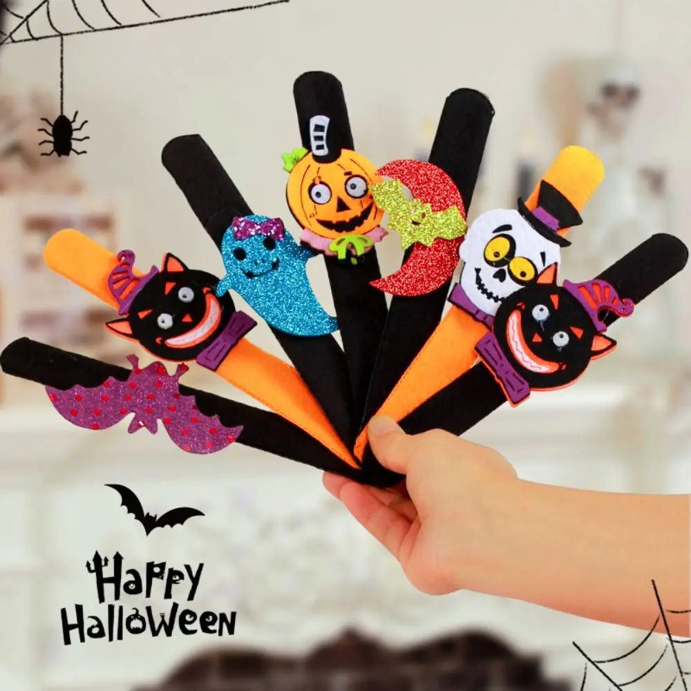 Funny Pumpkin Halloween Slap Bracelets Ghost Witch Hat Pop Circle Wristband Spider Felt Wool Hands Clap Circle Party Decoration