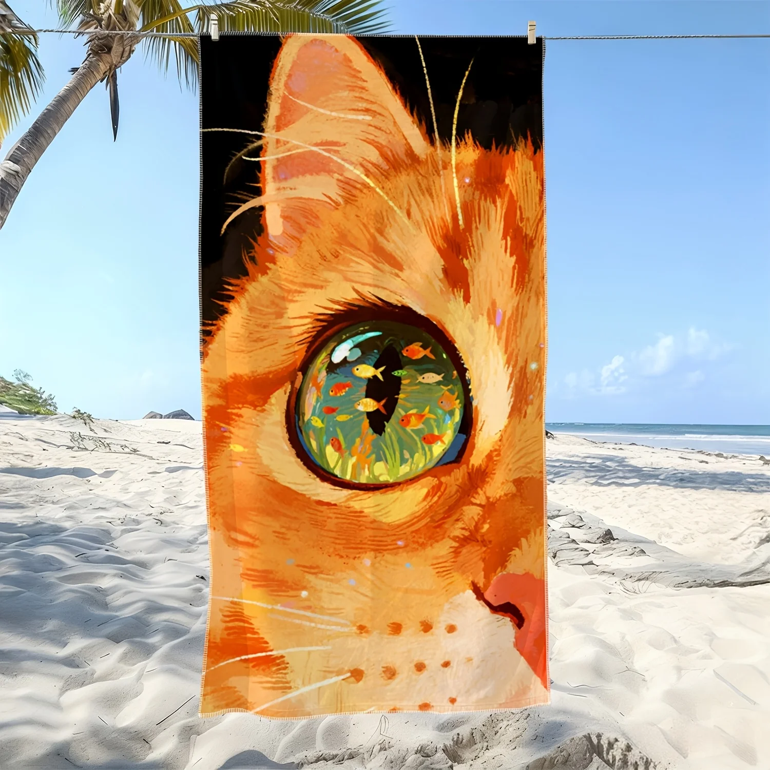1pc Cute and Fun Cat-Style Soft Beach Towel, Fresh Little Fish Print Pattern, Microfiber Bath Towel, Quick-Drying