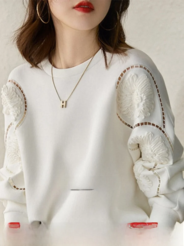 

Women's round Ne Sweatirt Spring Autumn Hollow out Long Sve Top Embroidered Splice Loose Fit Thin Korean Sle