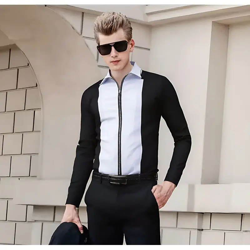 

Men's Long Sleeve Zipper Design Shirt Color Block Street Style Trend American Function Breathable Casual Fashion Standard Fit
