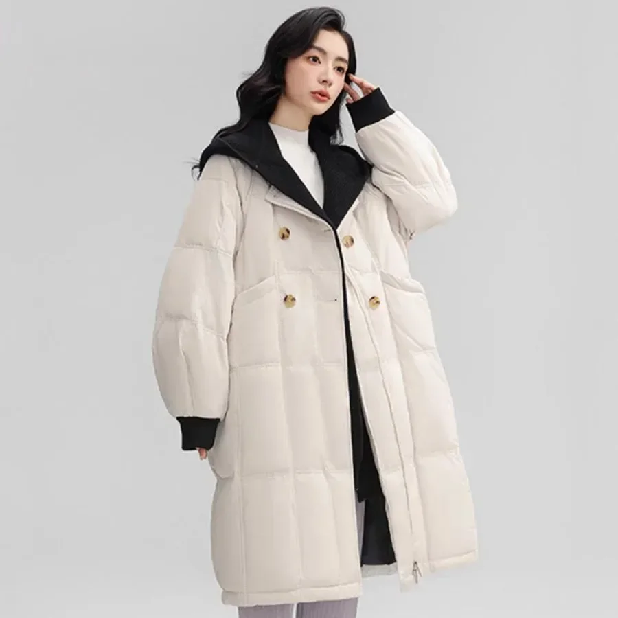 

Long White Duck Down Down Jacket Women 2024 Winter New Detachable Knitted Hooded Coat Double Breasted Loose Casual Parka Outwear