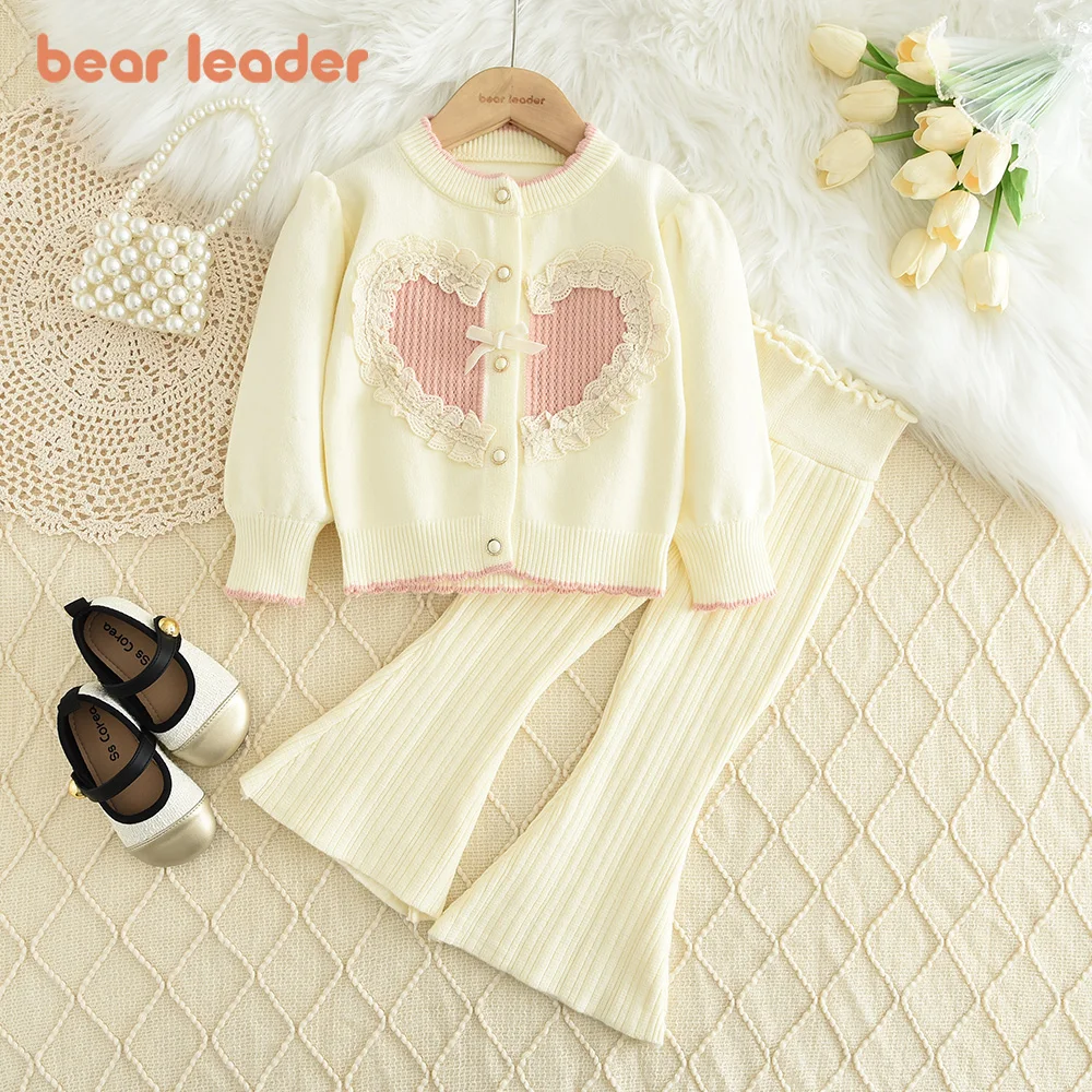 Bear Leader Girl Clothes Knitted Sweater Set Lace Heart Single Breasted Cardigan+Solid Color Flared Pants Autumn/winter 2-piece