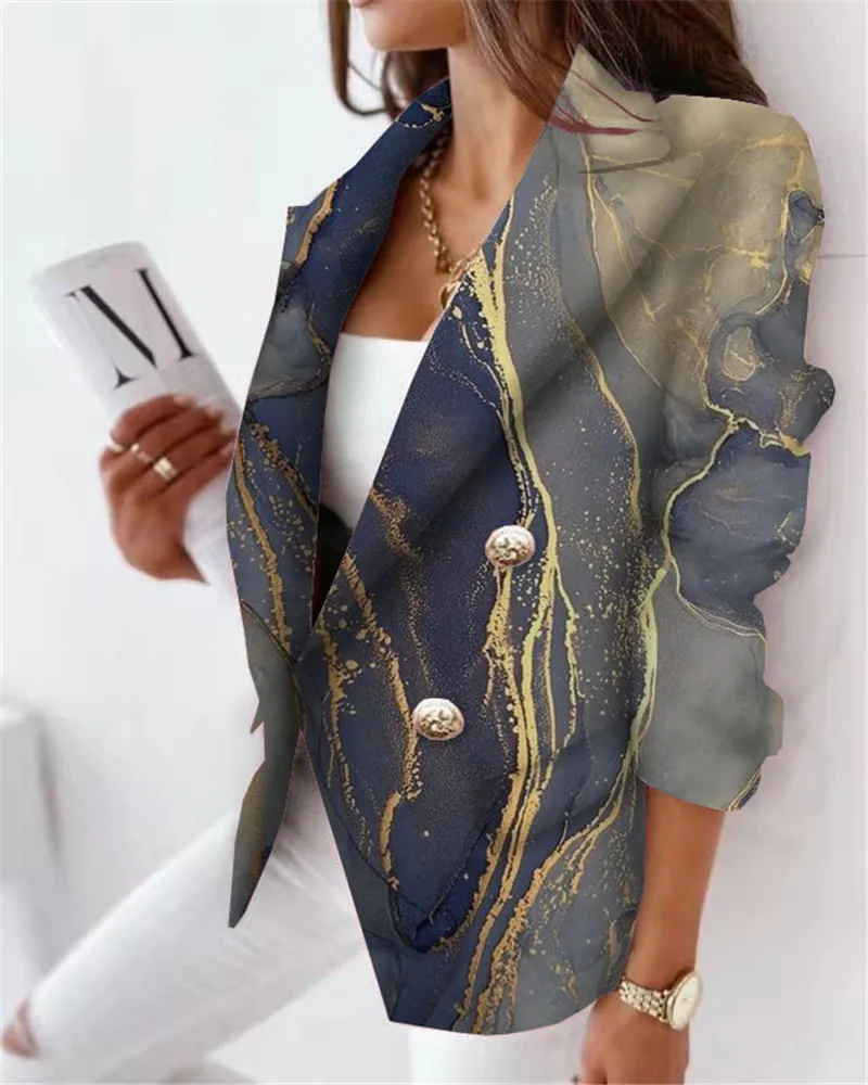 Women\'s Clothing Marble Texture Suit Western-Style Clothes Lapel Button Lid Pocket Fashion