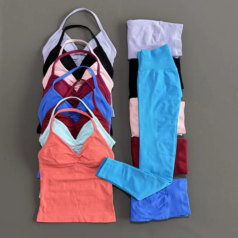 2 قطعة HISTELLO مجموعة رياضية النساء سلس عالية الخصر طماق الخطوط الطويلة Strappy أعلى تجريب الزي اللياقة البدنية أكتيفيوير رياضة ملابس رياضية لليوجا