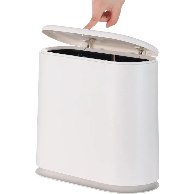 

12 Liter Plastic Trash Can with Press Top Lid for Bathroom White Narrow Dog Proof Garbage Can,3.17 Gallon Toilet Waste Basket