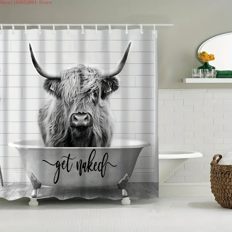 grey highland cow shower curtain set get naked design-   With Hooks Waterproof Mildew Proof Easy Install Washable
