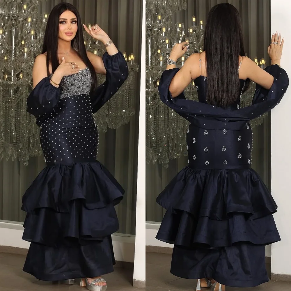 

Customized High Quality Intricate Jersey Beading Tiered Mermaid Strapless Midi Dresses Bespoke Occasion Dresses Modern Style