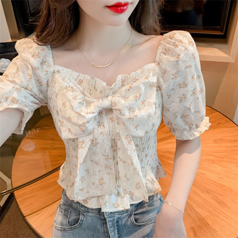 

2024 Summer New Women's Short Sleeve Super Fairy Sweet Bow Floral Shirt Small Waist Slimming Short Chiffon Bubble Sleeve Top