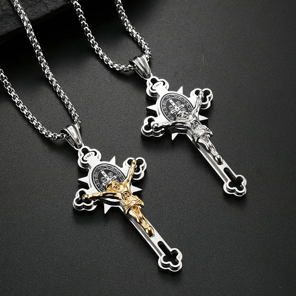 Vintage Catholic Jesus Cross Pendant Necklace For Men Punk Fashion Biker Amulet Stainless Steel Jesus Necklace Jewelry Gift