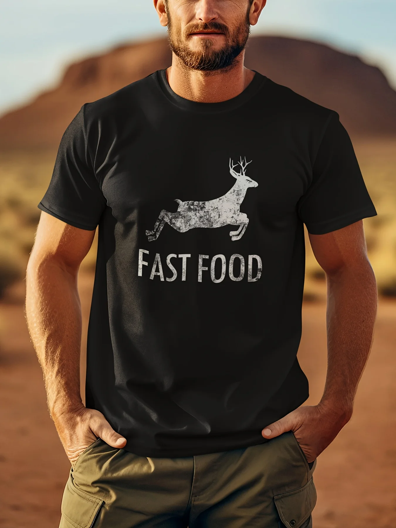 Funny Deer Hunting Tee - Men's Short Sleeve Graphic T-Shirt with Fast Food Print
