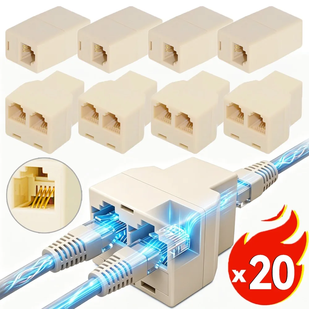 1-20PCS RJ45 Splitter Adapter Plug 1 To 2 Dual Female Port Ethernet Socket Network Connection Straight-through Splitter Adapters