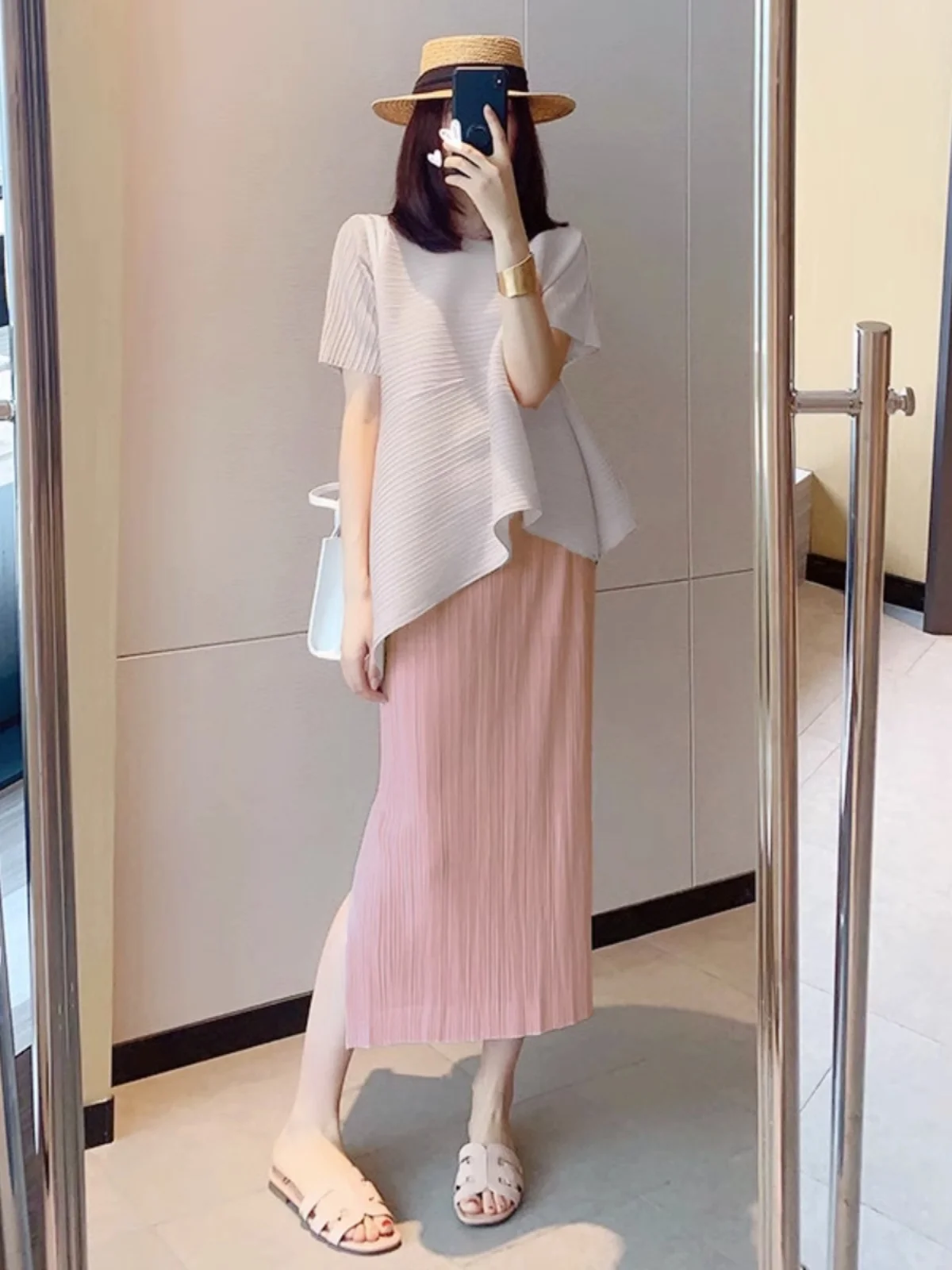 

Pink Pleated Skirt Women's Summer Thin Design ature Slit Straight Long Pleated Skirt Commute Korean Sle High Waist