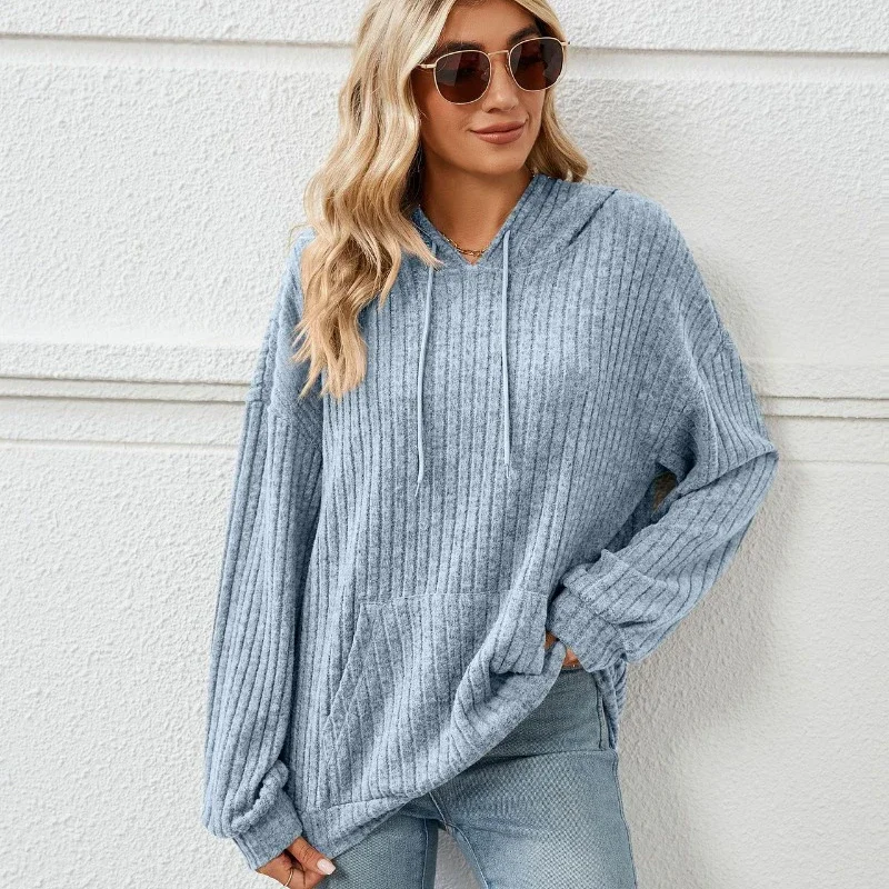 

Autumn Knitted Hooded Jacket Women Pit Striped Pocket Pullover Hoodies Office Lady Loose Casual Sweatshirts Women Clothing 30115