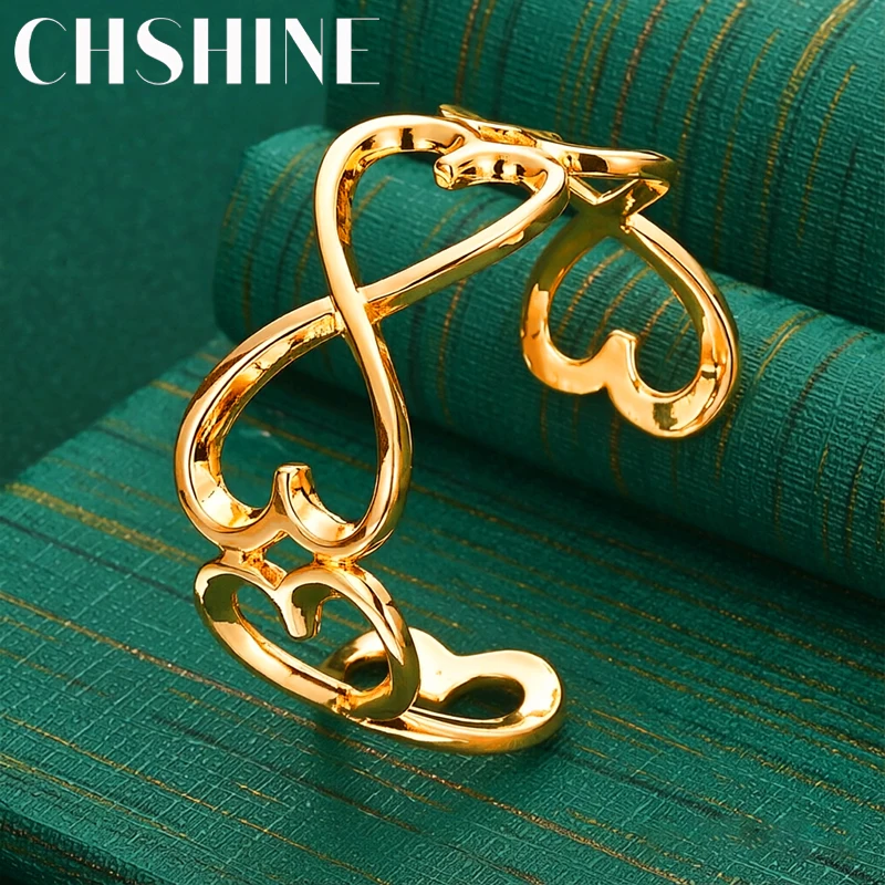925 Sterling Silber 18K Gold Hohles Herz-Design Offener Armreif für Damen Eleganter Hochzeits-Party Mode-Charm-Schmuck