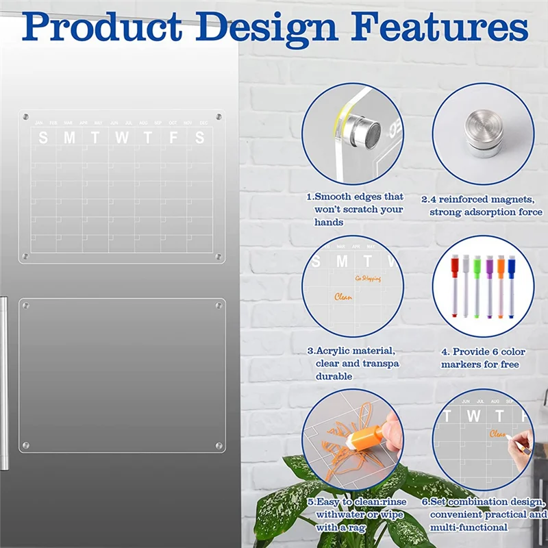 2 قطعة تقويم مغناطيسي أكريليك للثلاجة، تقويم لوح المسح الجاف، مع 8 علامات للمسح الجاف