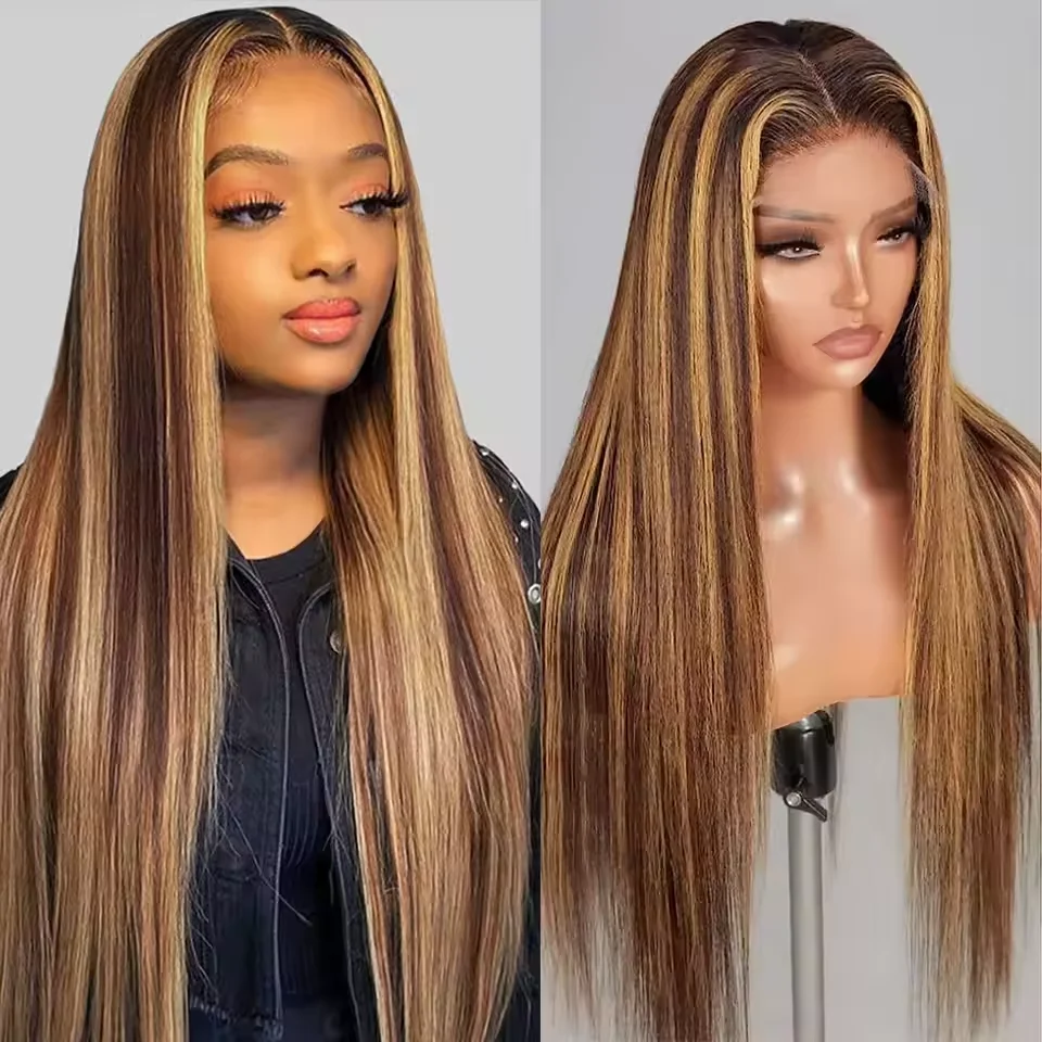 

46 inches 13x6 HD Transparent Lace Front Wigs p4-27 highlight straight human hair 200 Density Brazilian Human Hair For Women